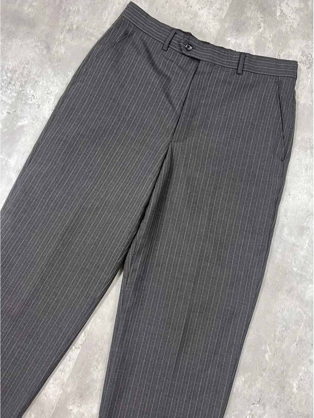 Vintage Pinstripe Dress Pants Charcoal Grey Pleated Trousers Tailored